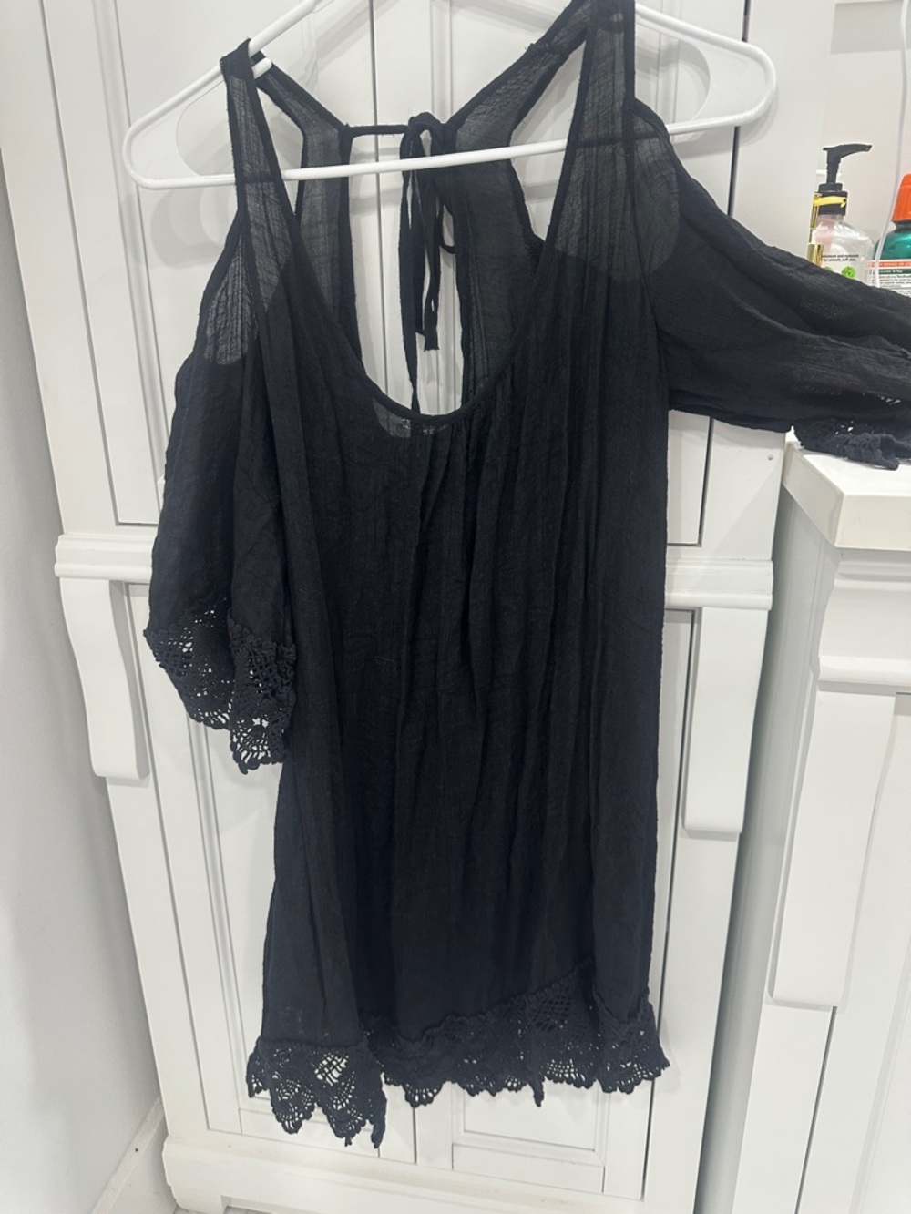 Black Cold-Shoulder Crochet Hem swimsuit cover